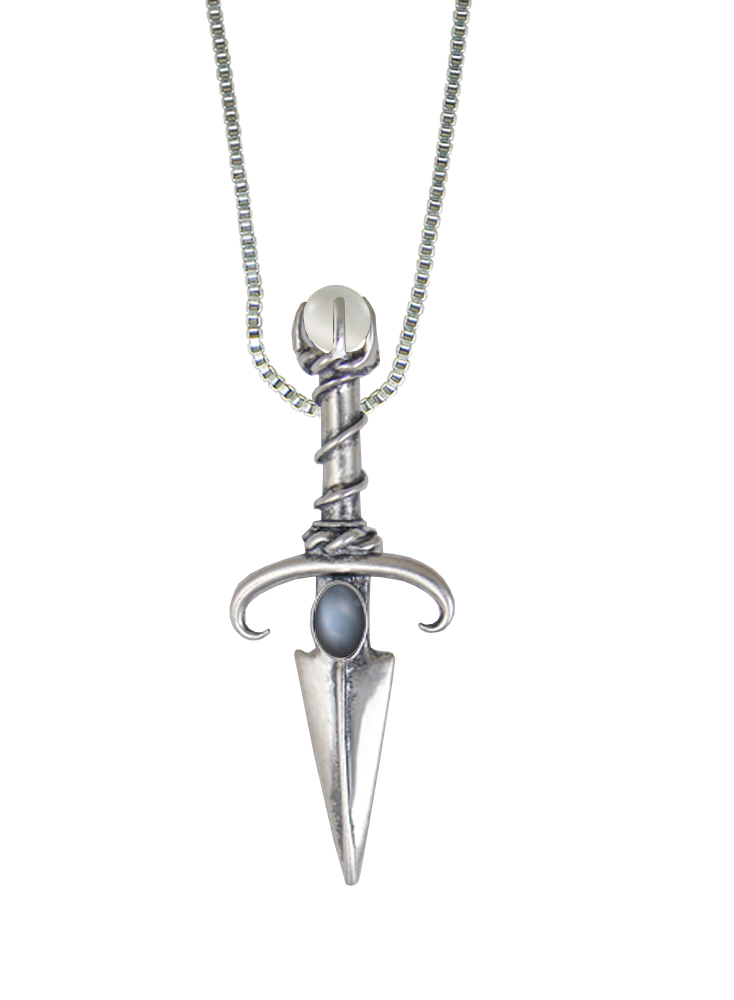 Sterling Silver Black Prince's Knife Dagger Pendant With Grey Moonstone And a Clear Glass Bead